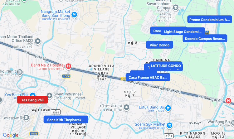Screenshot of Yes Bang Phli (shopping) area showing nearby condos and landmarks in Bangkok