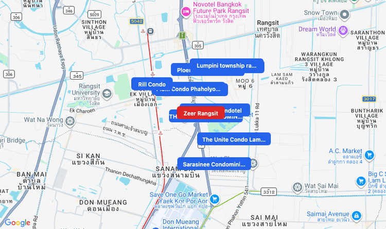 Screenshot of Zeer Rangsit (shopping) area showing nearby condos and landmarks in Bangkok